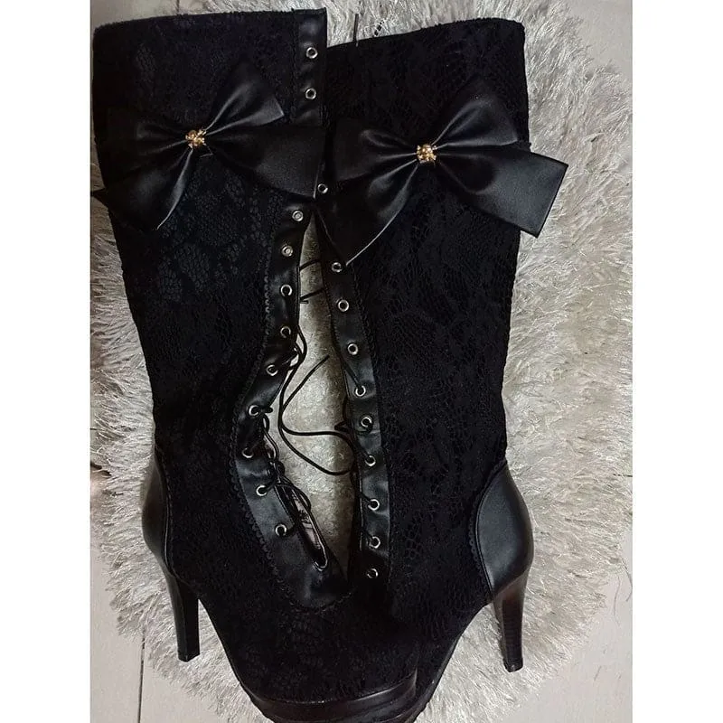 Knee High Victorian Style Boots with Bow and High Heel