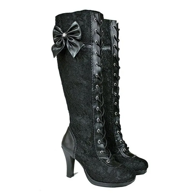 Knee High Victorian Style Boots with Bow and High Heel