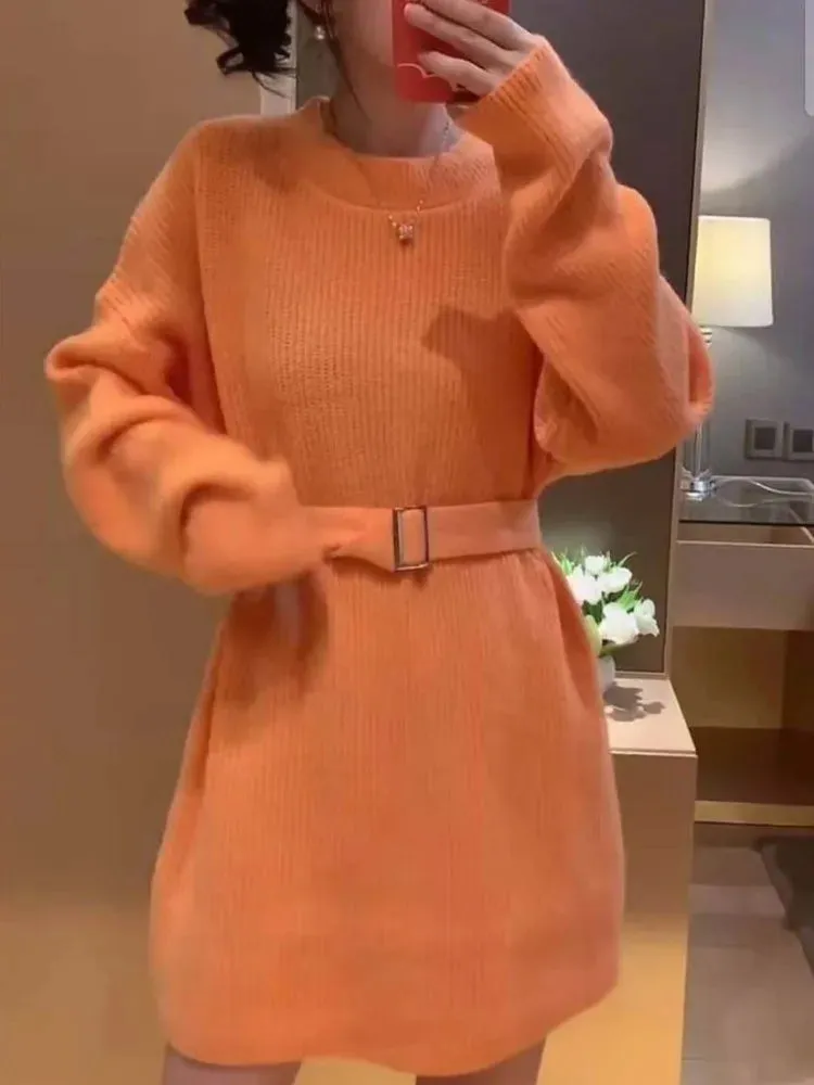 Knitted Sweater Dress Women Autumn Winter Knit Warm Straight Loose Mini Short Dresses Korean Style Kpop