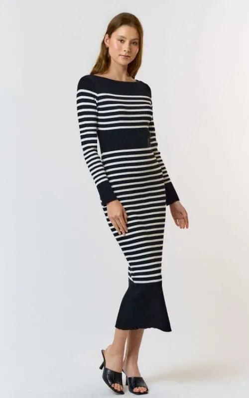 Lalavon- Stripe Boat Neck Knit Maxi Dress