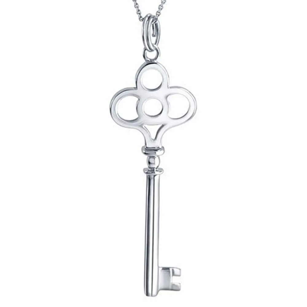 Large Open Oval Key Shape Pendant High .925 Sterling Silver Necklace