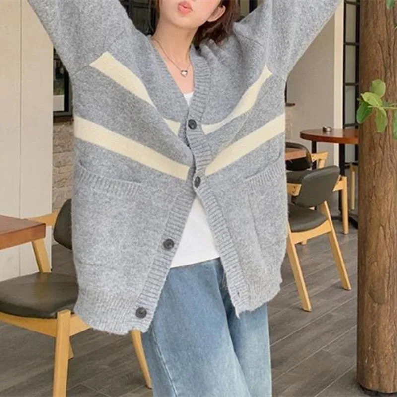 Lazy wind striped sweater jacket women's clothing autumn and winter couple 2024 new retro casual knitted cardigan women