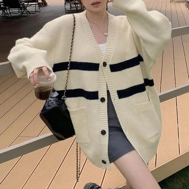 Lazy wind striped sweater jacket women's clothing autumn and winter couple 2024 new retro casual knitted cardigan women