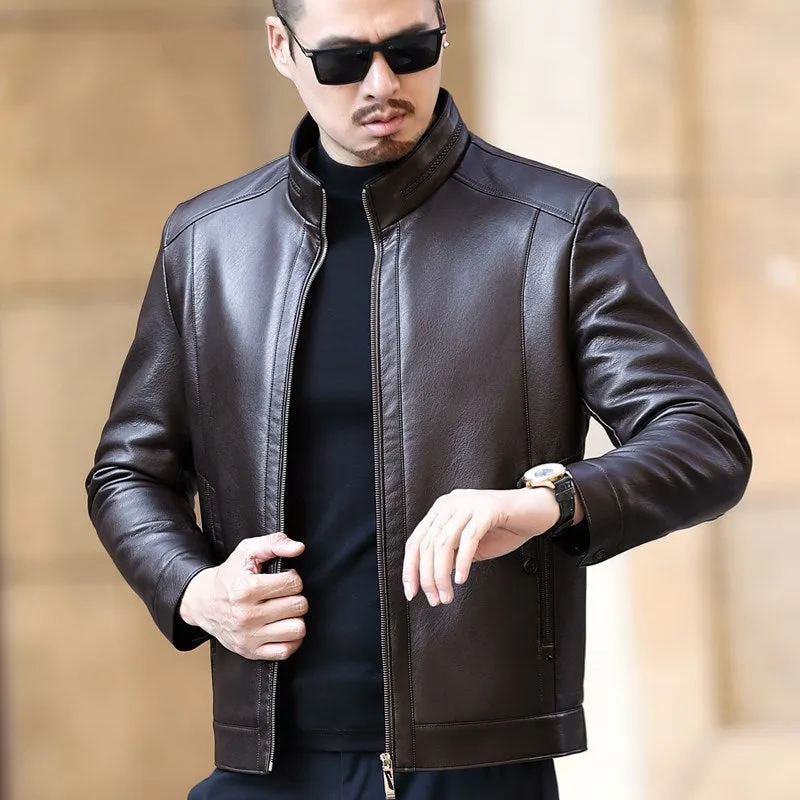 Leather Jacket Men Stand-up Collar Casual Fur One-piece Men