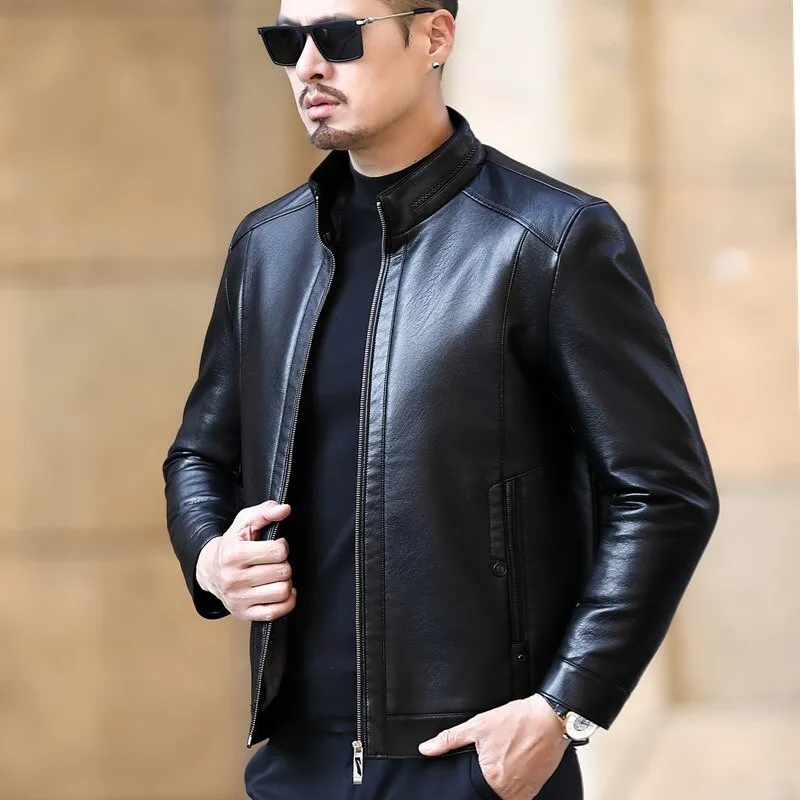 Leather Jacket Men Stand-up Collar Casual Fur One-piece Men