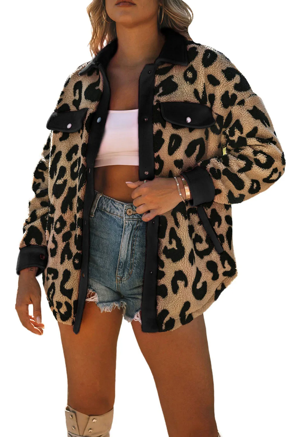 Leopard Contrast Trim Sherpa Shacket