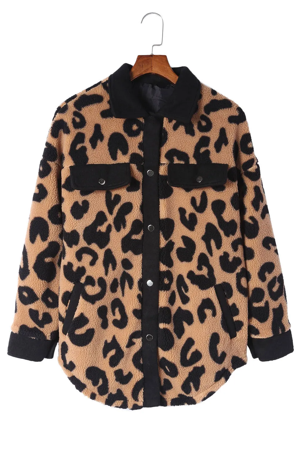 Leopard Contrast Trim Sherpa Shacket