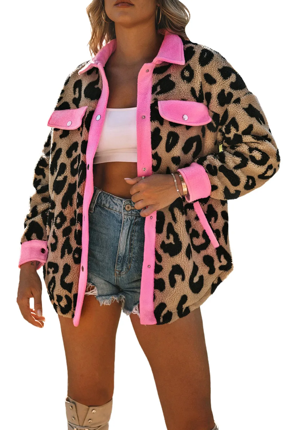 Leopard Contrast Trim Sherpa Shacket