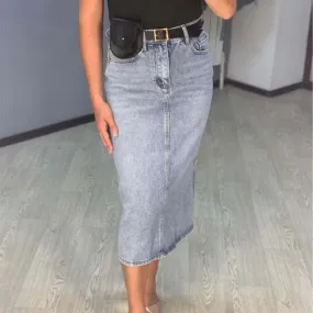 Long Denim Skirt Women Vintage High Waist Jeans Skirt with Belt