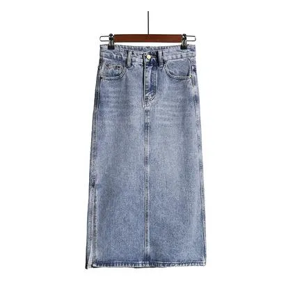 Long Denim Skirt Women Vintage High Waist Jeans Skirt with Belt