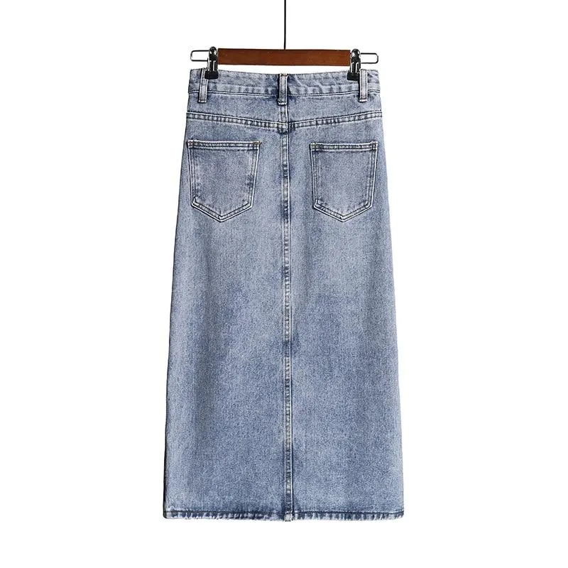 Long Denim Skirt Women Vintage High Waist Jeans Skirt with Belt