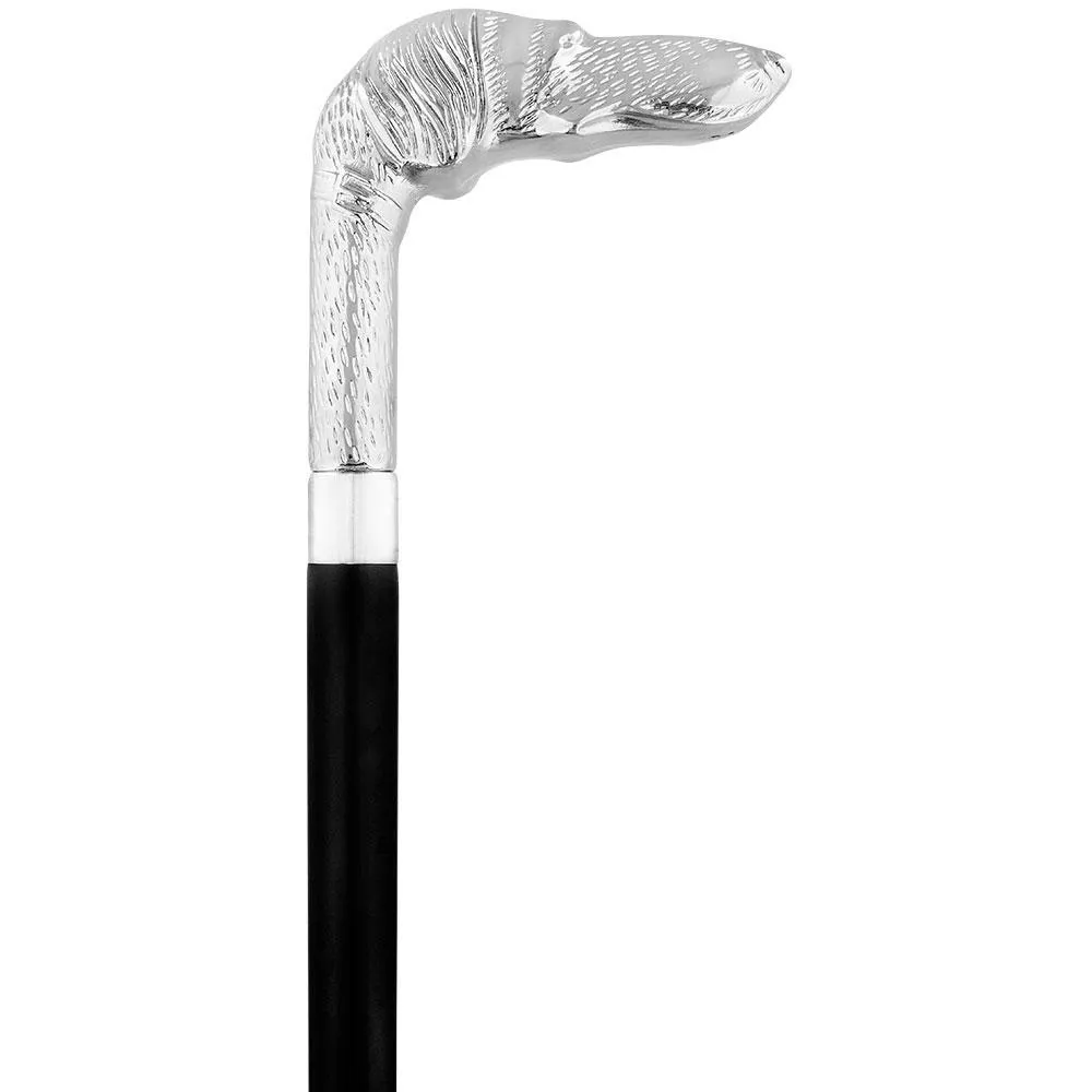 Long Nosed Dog Nickel Plated Handle Walking Cane - Italian Handle w/ Custom Shaft and Collar