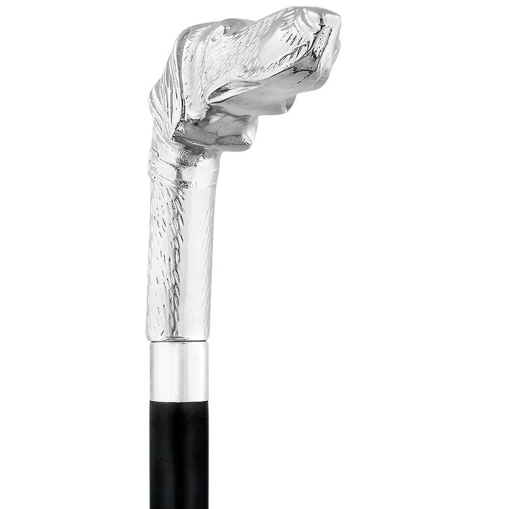 Long Nosed Dog Nickel Plated Handle Walking Cane - Italian Handle w/ Custom Shaft and Collar