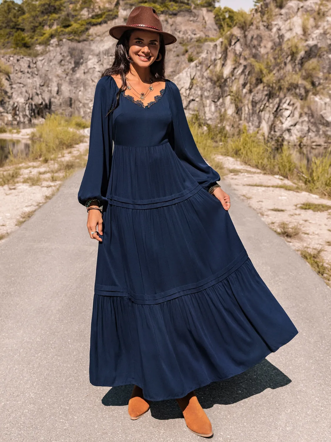 Long Sleeve Lace Trim Maxi Dress