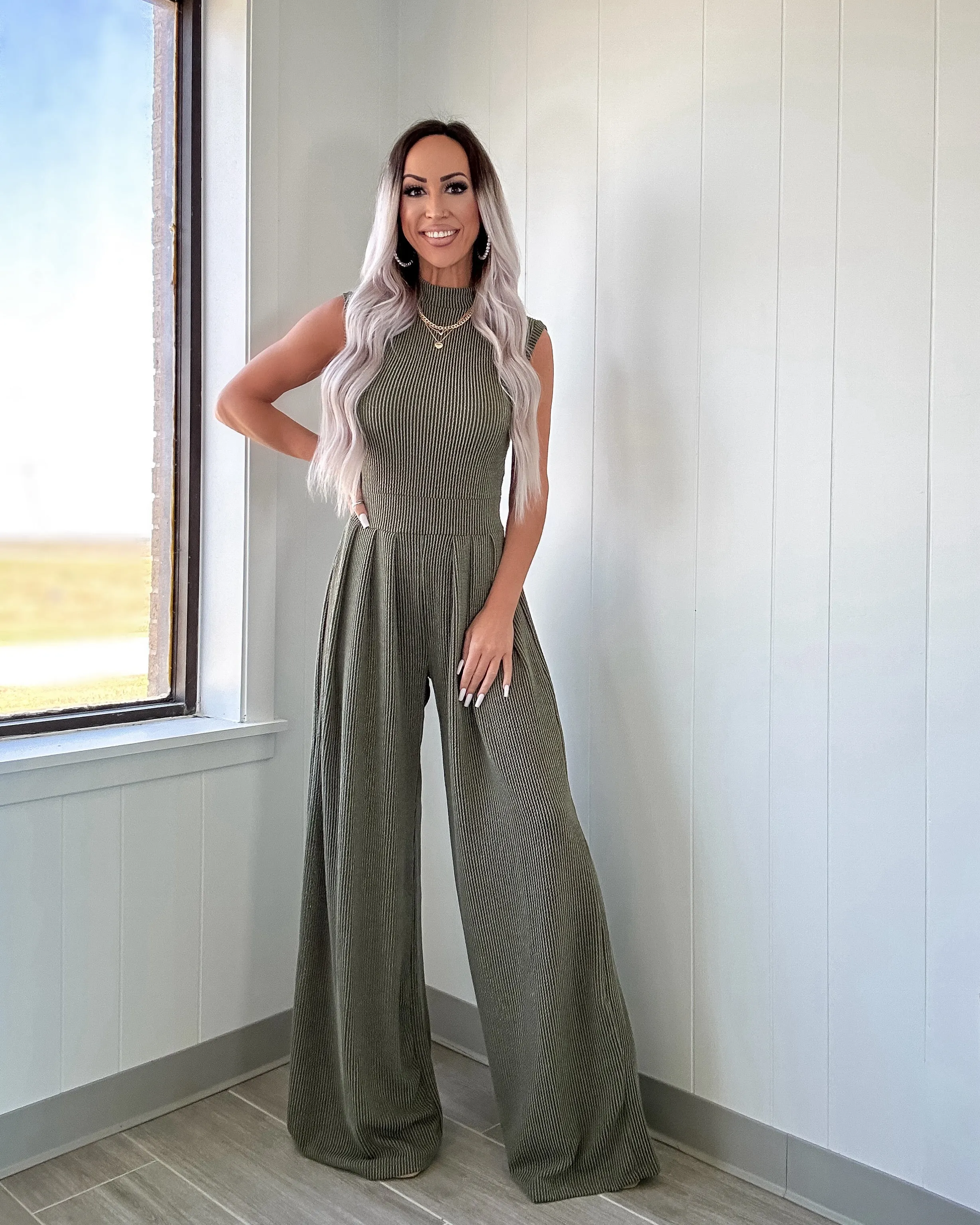 Love Awaits Ribbed Wide Leg Jumpsuit - Olive