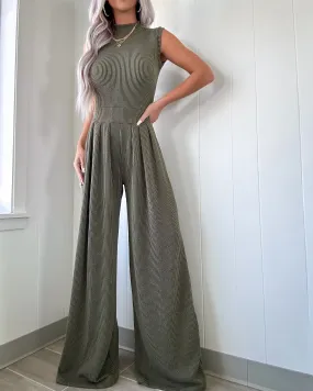 Love Awaits Ribbed Wide Leg Jumpsuit - Olive