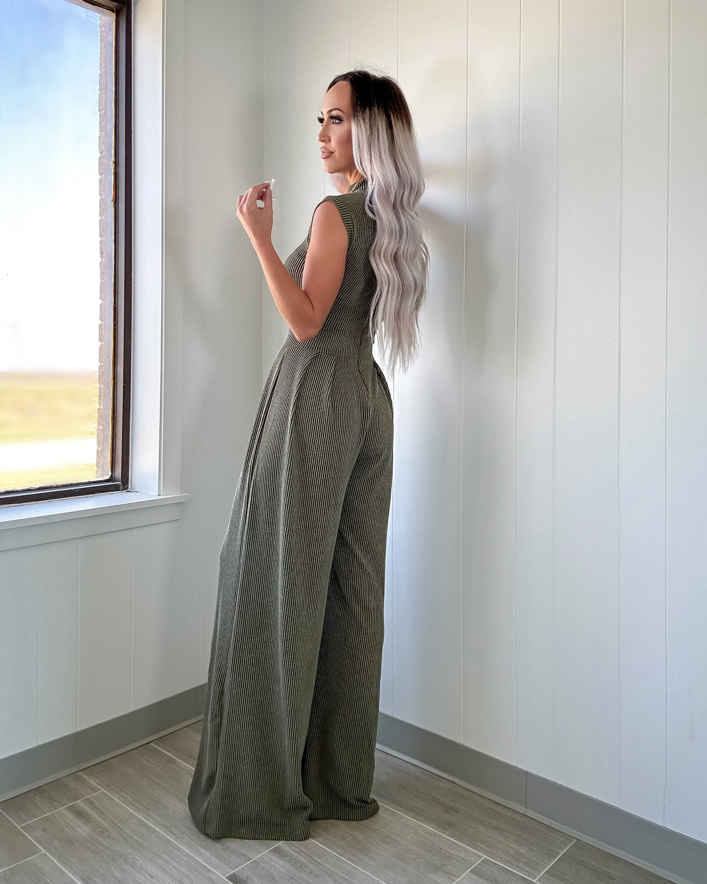 Love Awaits Ribbed Wide Leg Jumpsuit - Olive