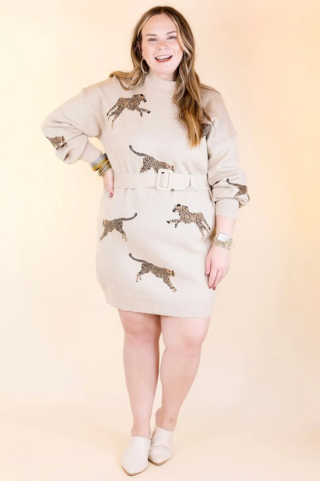 Luxurious Life Animal Print Sweater Dress with Belt in Oatmeal Beige