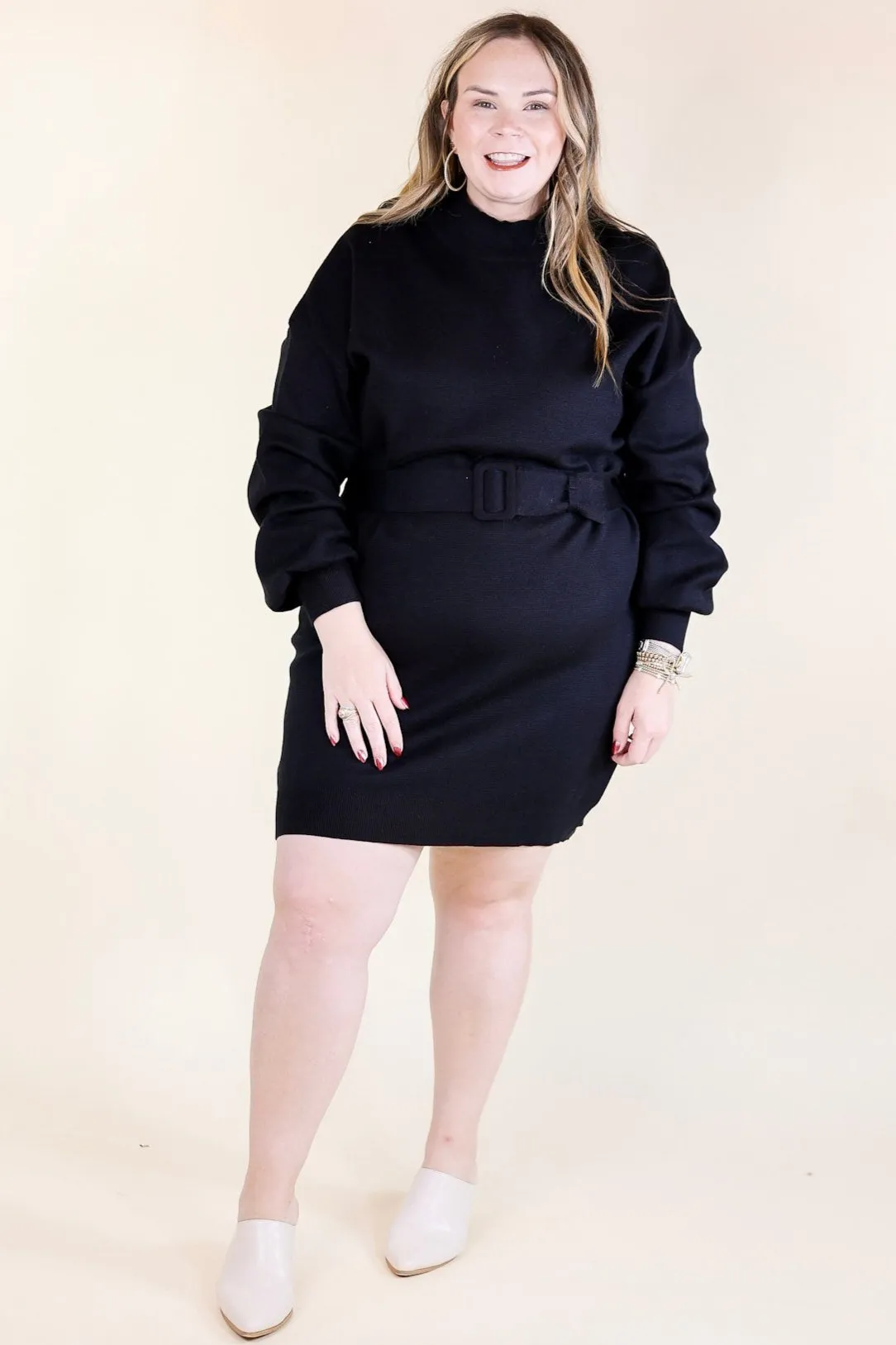 Luxurious Life Sweater Dress with Belt in Black