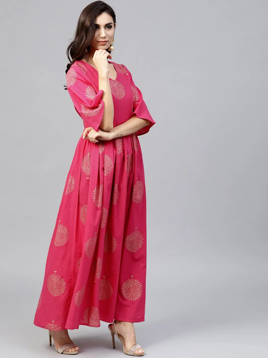 Magenta Printed Maxi Dress With V-Neck And Flared Half Slevees