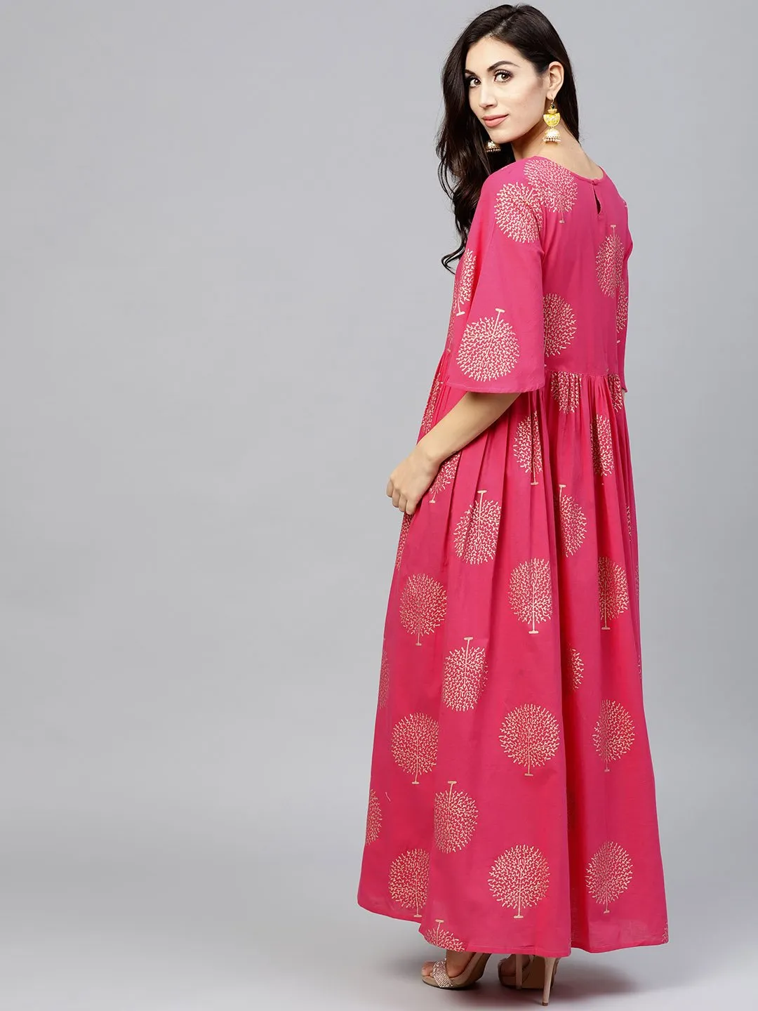 Magenta Printed Maxi Dress With V-Neck And Flared Half Slevees