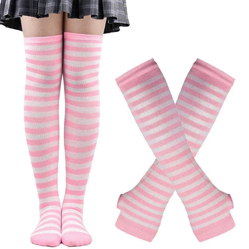 Matching Striped Arm Warmer and Thigh High Stocking Collection