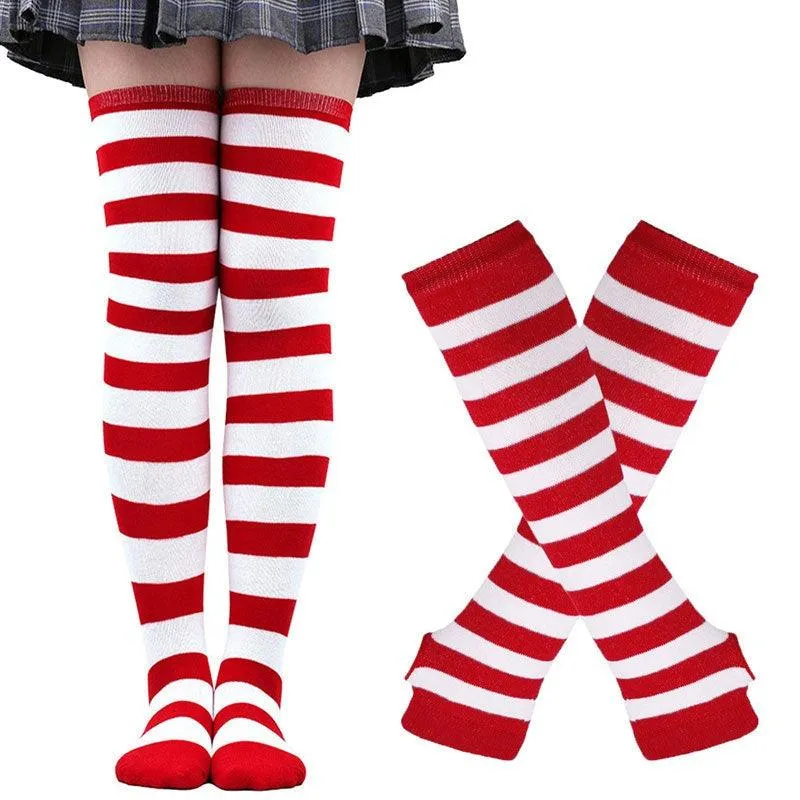 Matching Striped Arm Warmer and Thigh High Stocking Collection