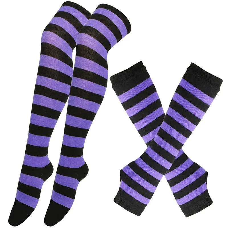 Matching Striped Arm Warmer and Thigh High Stocking Collection