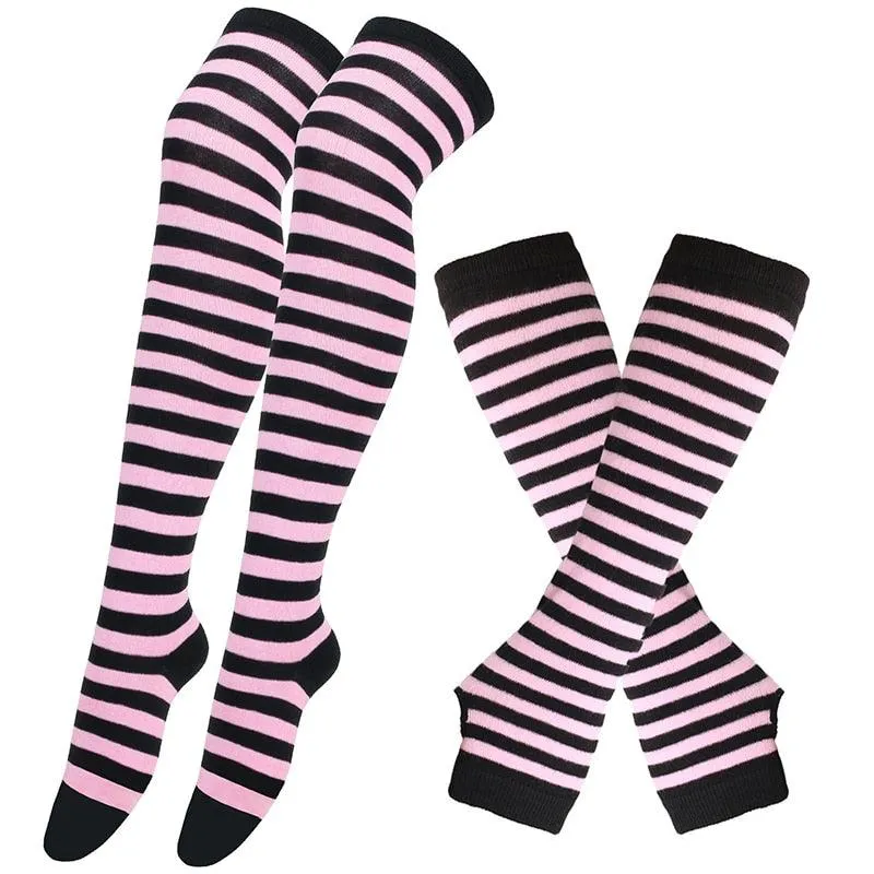 Matching Striped Arm Warmer and Thigh High Stocking Collection