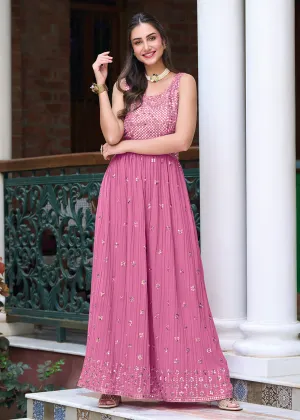 Mauve Pink Indo-Western Embroidered Georgette Jumpsuit