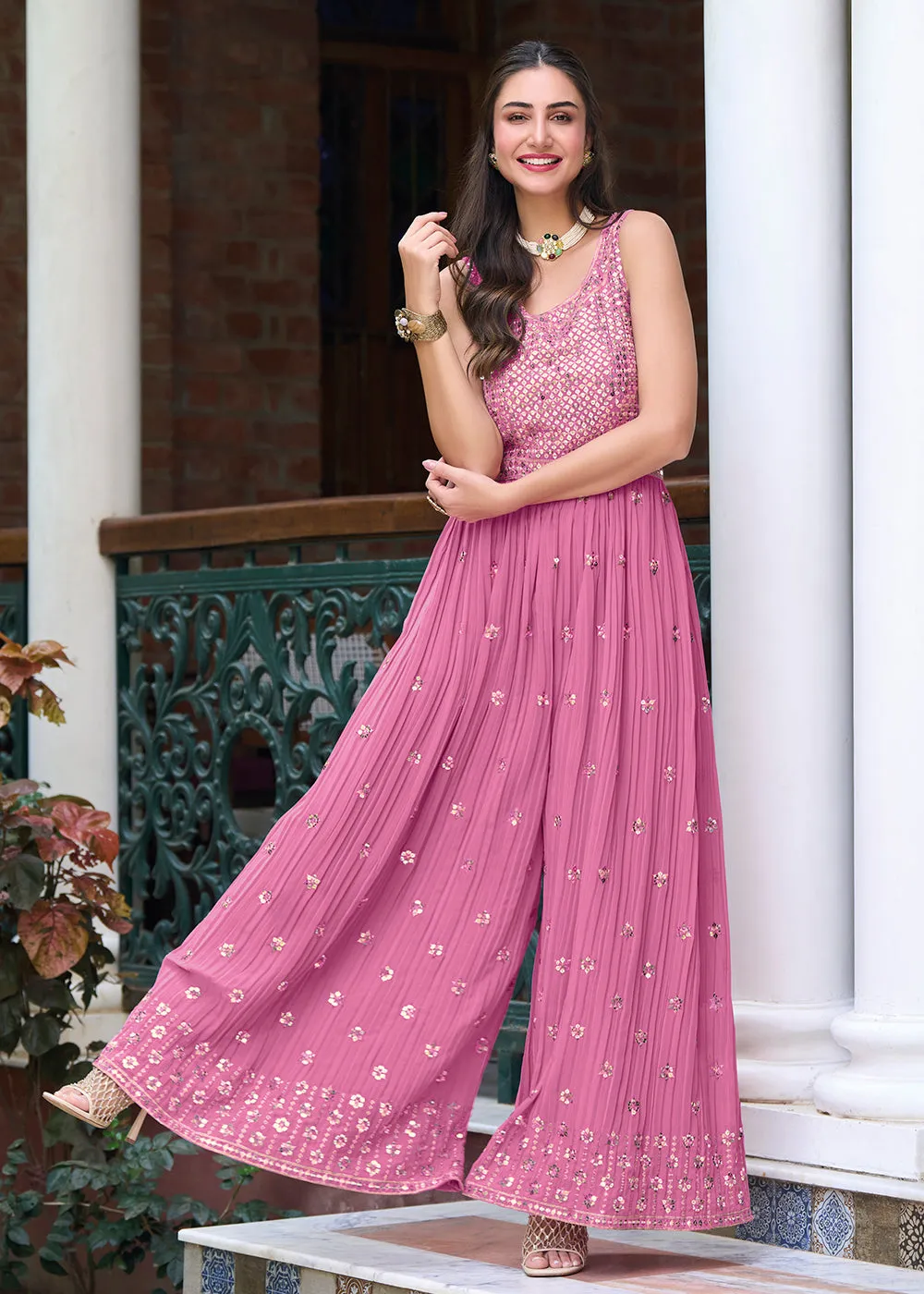 Mauve Pink Indo-Western Embroidered Georgette Jumpsuit