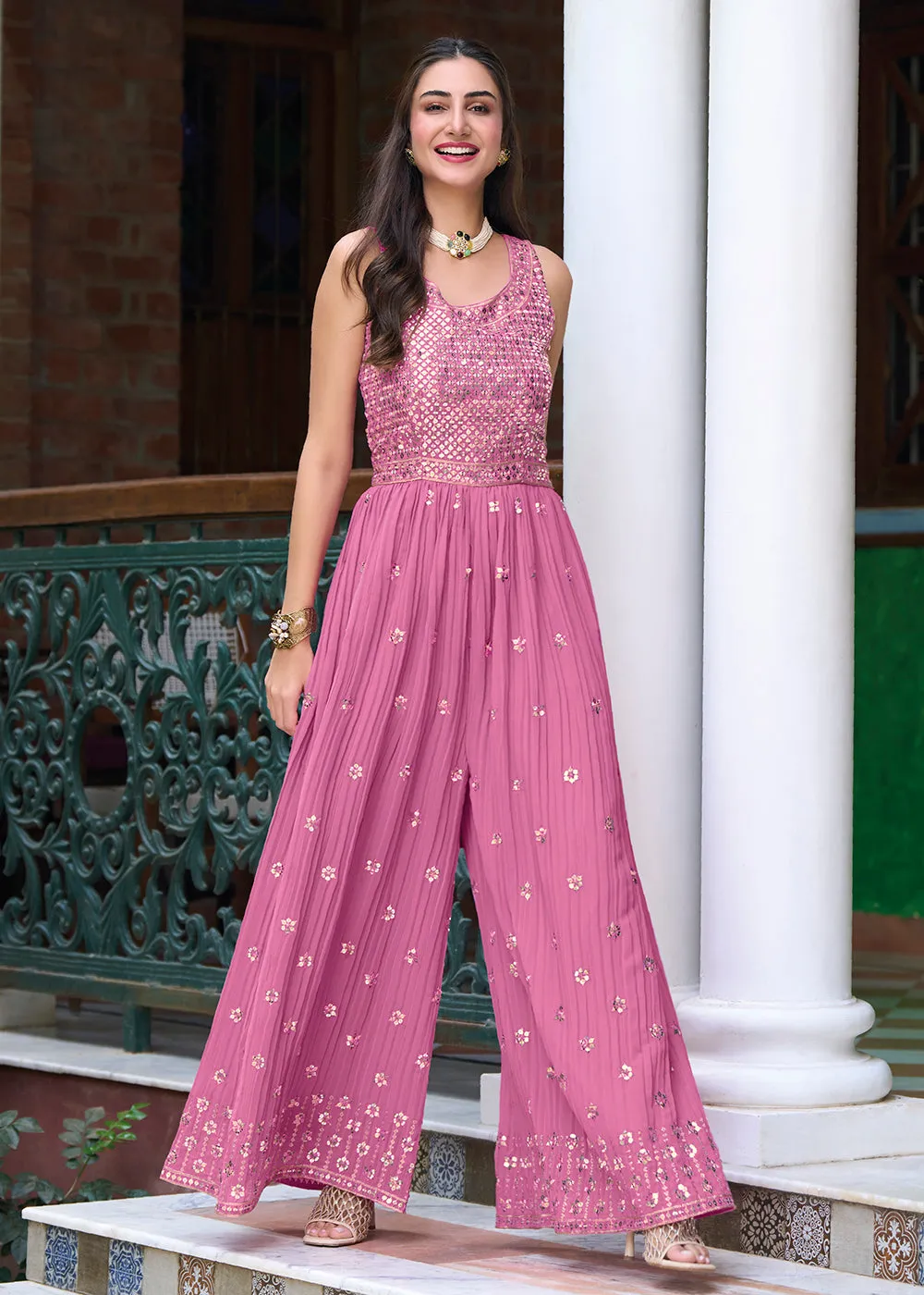 Mauve Pink Indo-Western Embroidered Georgette Jumpsuit