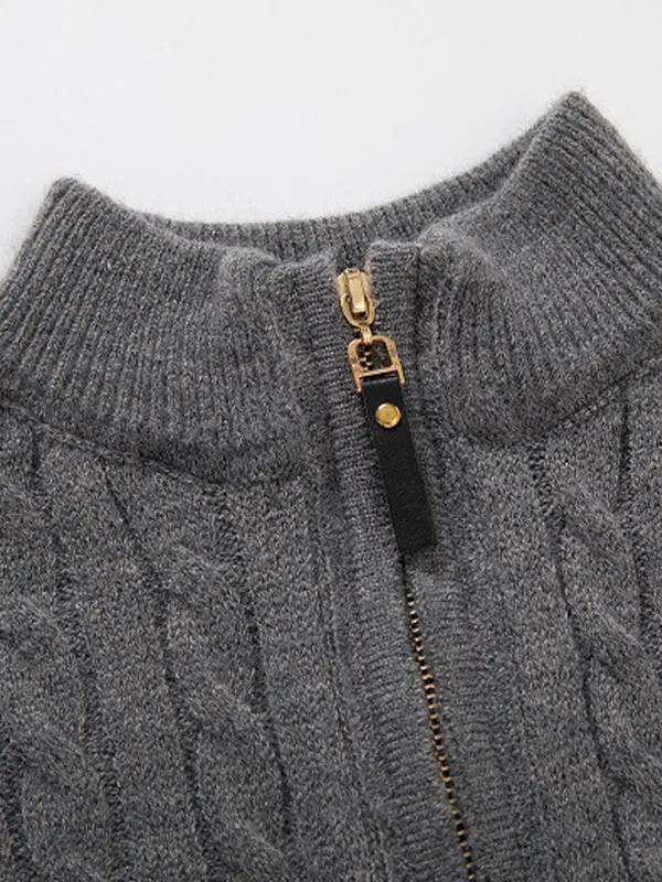 Men's Cable Knit Half Turtleneck Zipper Sweater