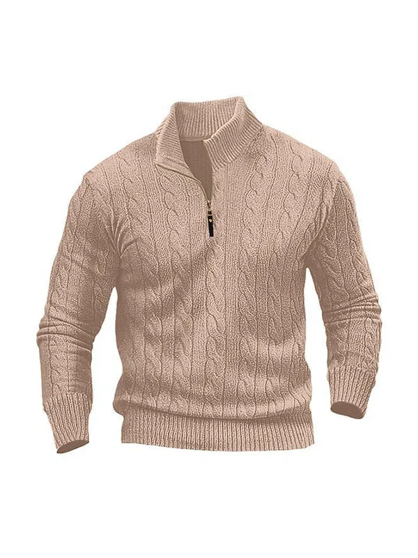 Men's Cable Knit Half Turtleneck Zipper Sweater