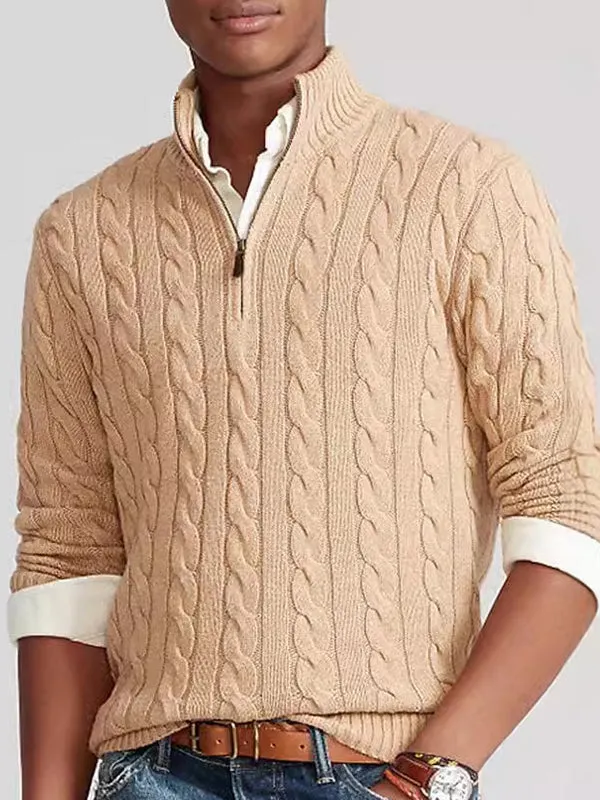 Men's Cable Knit Half Turtleneck Zipper Sweater