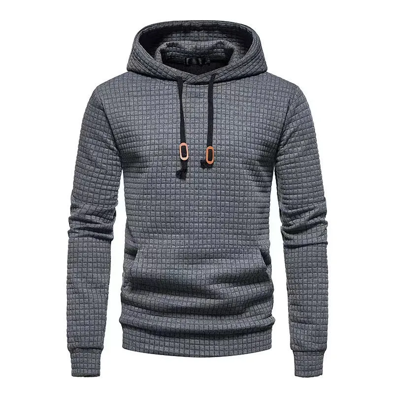 MEN'S CASUAL LARGE POCKET PULLOVER, SMALL SQUARE JACQUARD SOLID COLOR HOODED SWEATSHIRT