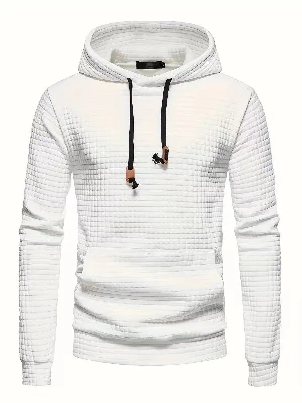 MEN'S CASUAL LARGE POCKET PULLOVER, SMALL SQUARE JACQUARD SOLID COLOR HOODED SWEATSHIRT