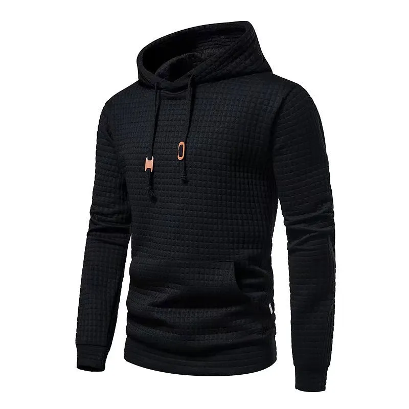 MEN'S CASUAL LARGE POCKET PULLOVER, SMALL SQUARE JACQUARD SOLID COLOR HOODED SWEATSHIRT