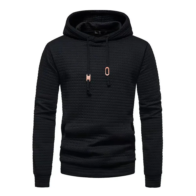 MEN'S CASUAL LARGE POCKET PULLOVER, SMALL SQUARE JACQUARD SOLID COLOR HOODED SWEATSHIRT