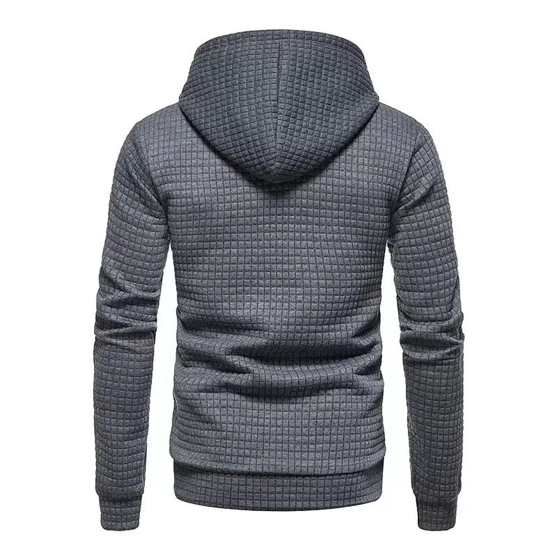 MEN'S CASUAL LARGE POCKET PULLOVER, SMALL SQUARE JACQUARD SOLID COLOR HOODED SWEATSHIRT