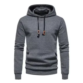 MEN'S CASUAL LARGE POCKET PULLOVER, SMALL SQUARE JACQUARD SOLID COLOR HOODED SWEATSHIRT