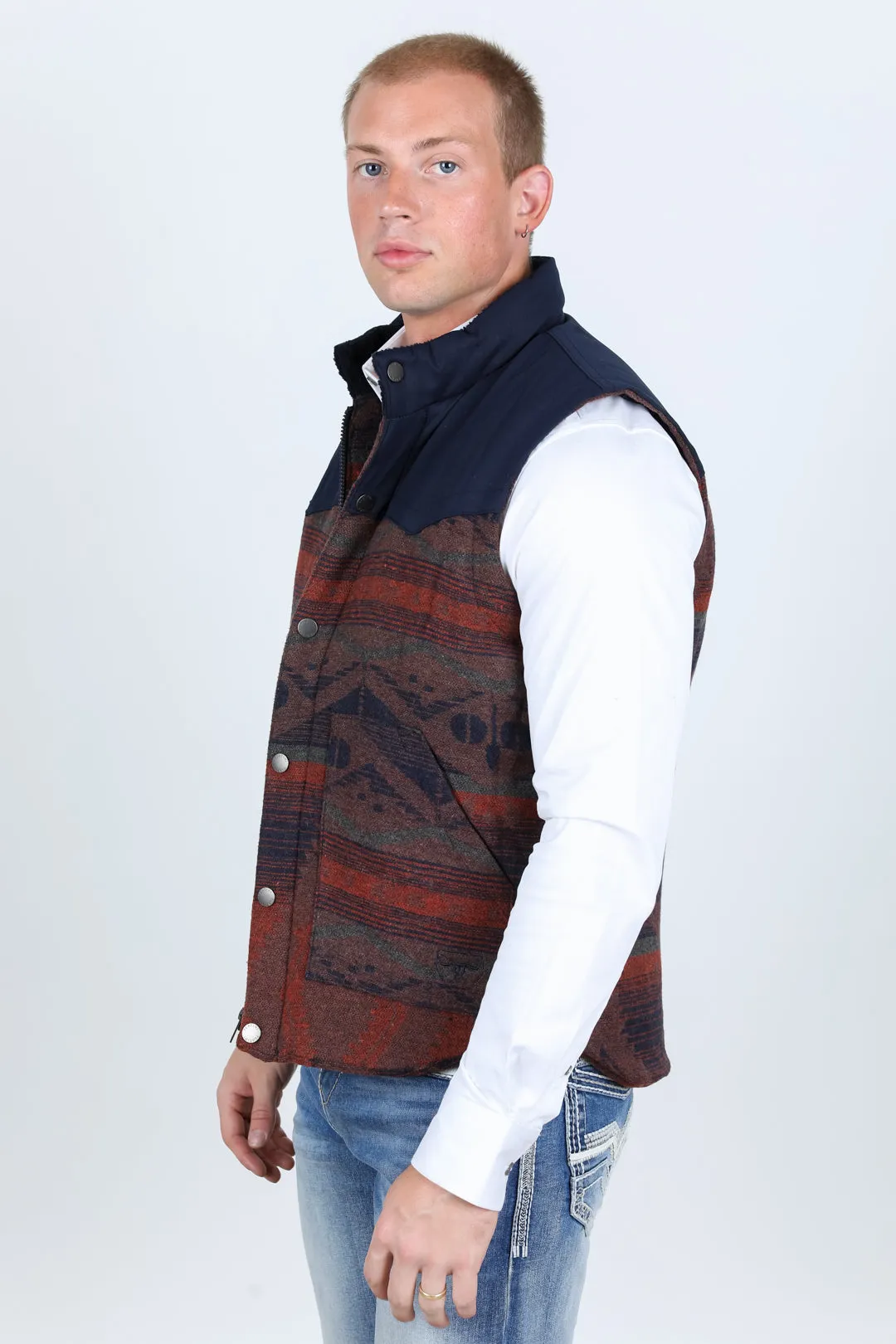 Mens Ethnic Aztec Quilted Fur Lined Vest - Navy/Burgundy