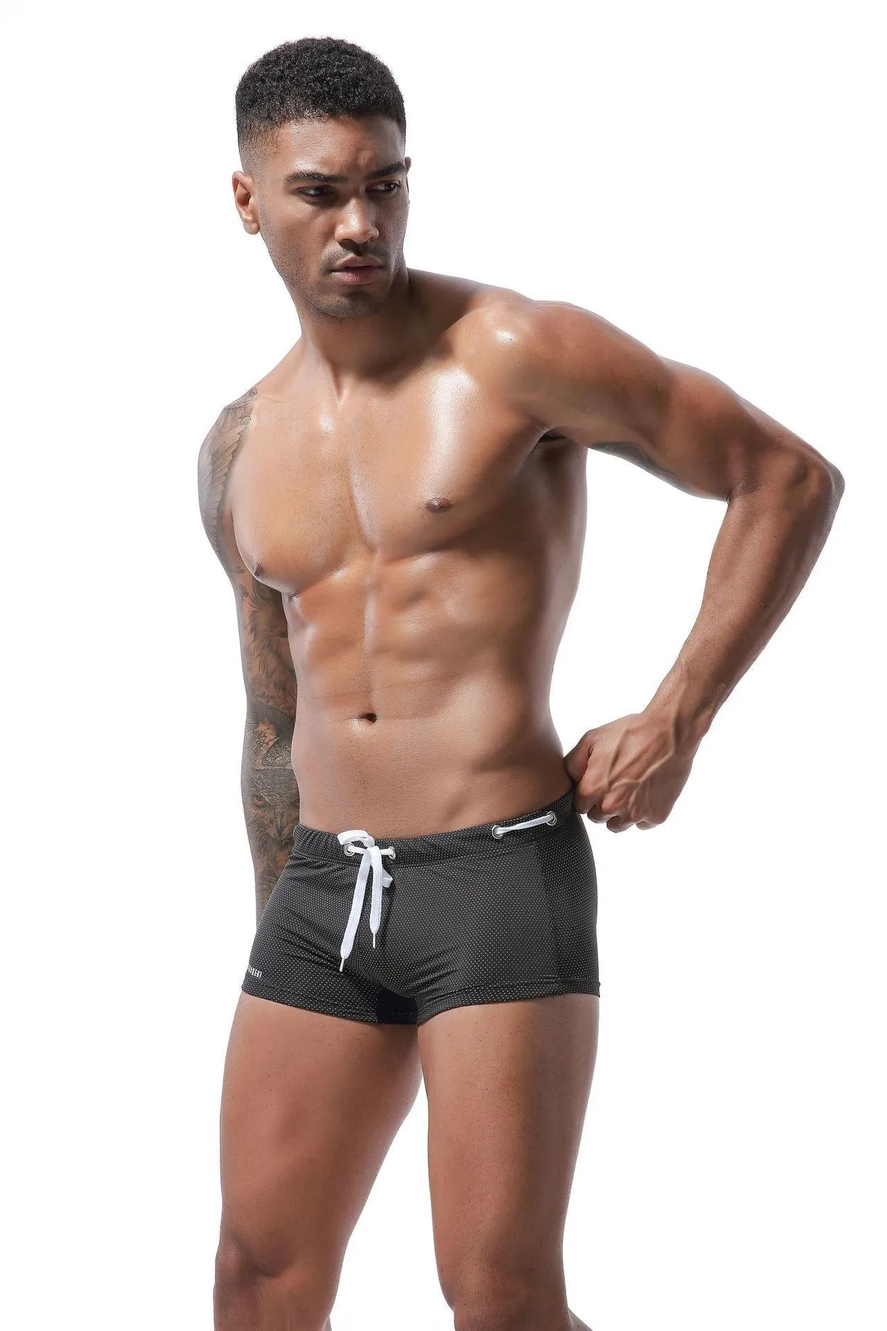 Men's Tethered Nylon Low Waist Boxer Swim Shorts