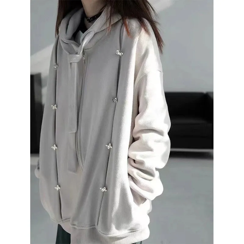 METAVERSMALL Spring Design Sweater Women's Chic Loose Casual Jacket Hooded Top ins Vintage Cardigan