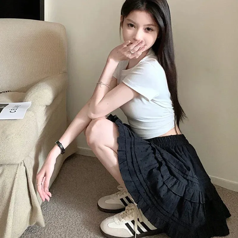 Mini Skirts for Women French Style High Waist A-line Ruffles Solid Simple Pleated Skirt Y2k Harajuku Ulzzang Female Baggy Chic