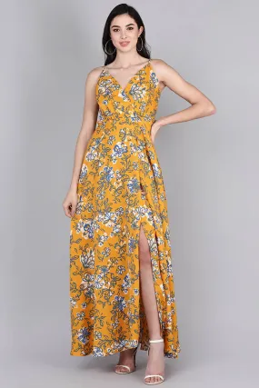 Mustard Polyester Floral Print Flared Maxi Dress