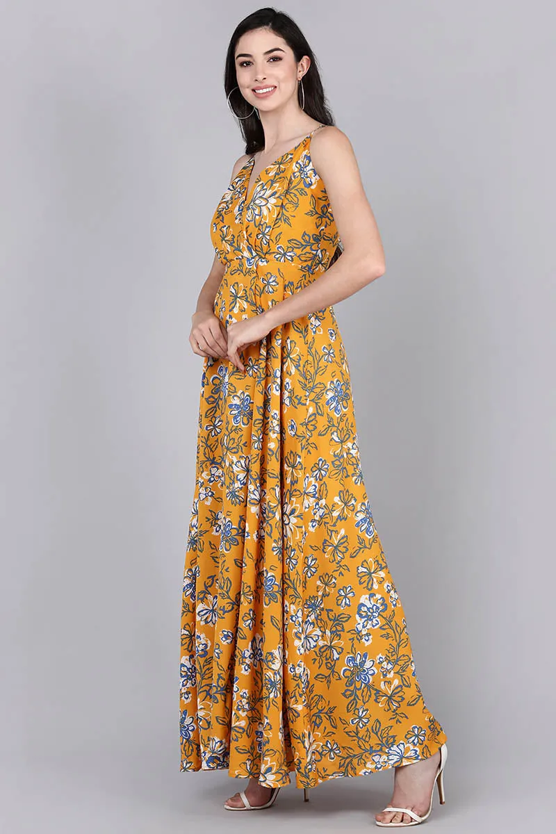 Mustard Polyester Floral Print Flared Maxi Dress