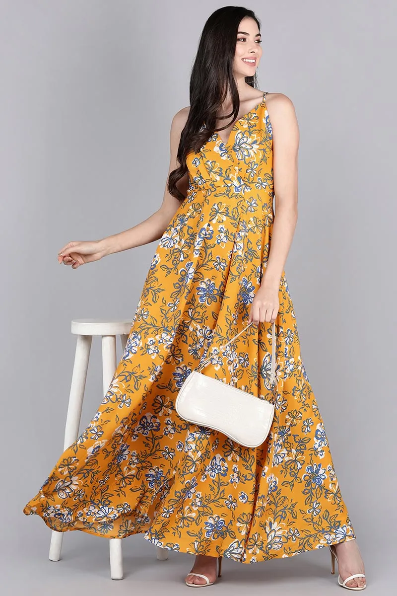 Mustard Polyester Floral Print Flared Maxi Dress