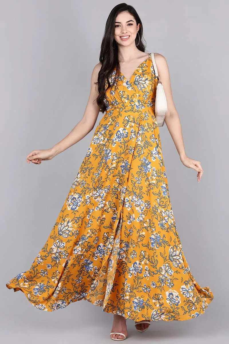 Mustard Polyester Floral Print Flared Maxi Dress