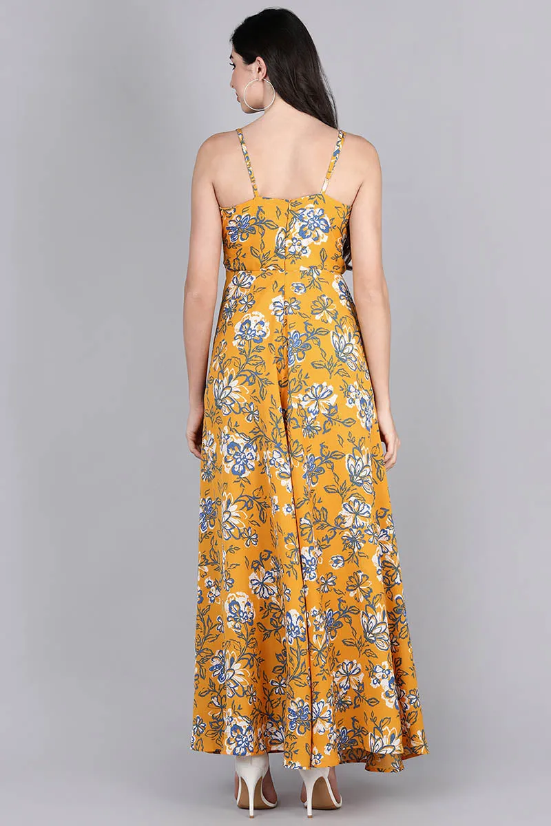 Mustard Polyester Floral Print Flared Maxi Dress